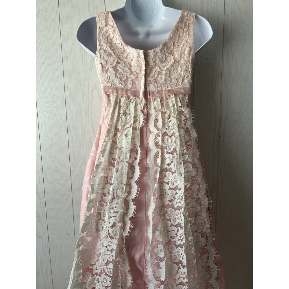 Vtg 1960s Pink Empire Waist Prom Evening Formal Dress Lace Train‎ Sleeveless